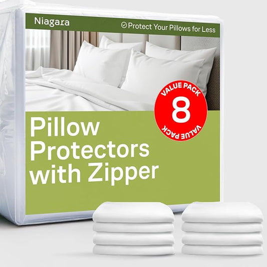 Ultra Soft Pillow Protectors with Zipper Standard Size - Set of 8 Breathable Pillow Covers - 100% Protection Against Stains, Dust & Dirt - Machine Washable (White)