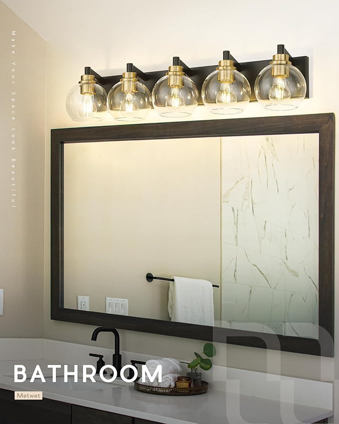 Bathroom Light Fixtures, 5-Light Black and Gold Bathroom Vanity Light, 32 Inch Modern Wall Sconces with Globe Clear Glass Shade, Vanity Lighting Fixtures Over Mirror, VL195-KG-5