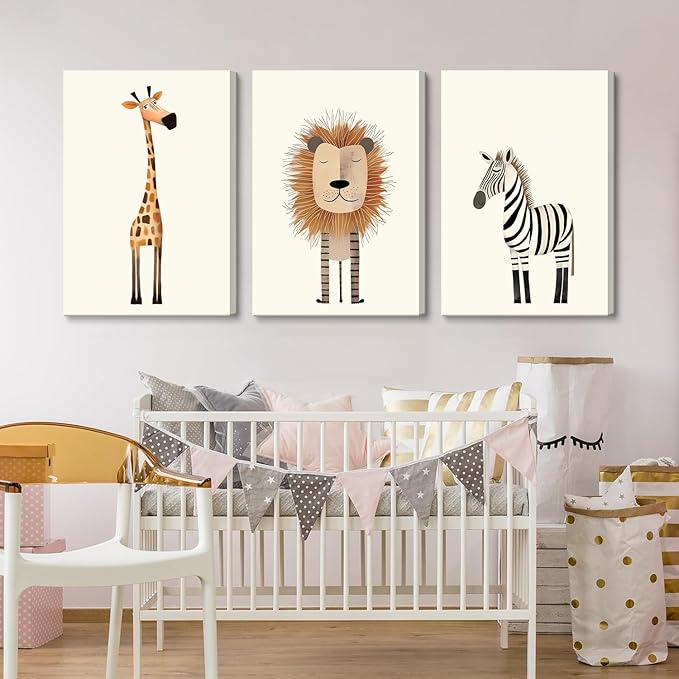 Safari Nursery Wall Art Baby Animal Canvas Wall Decor Cute Giraffe Lion Zebra Jungle Pictures Prints Posters for Baby Boy Girl Children's Room Bedroom Home Decorations 12x16inx3 Framed