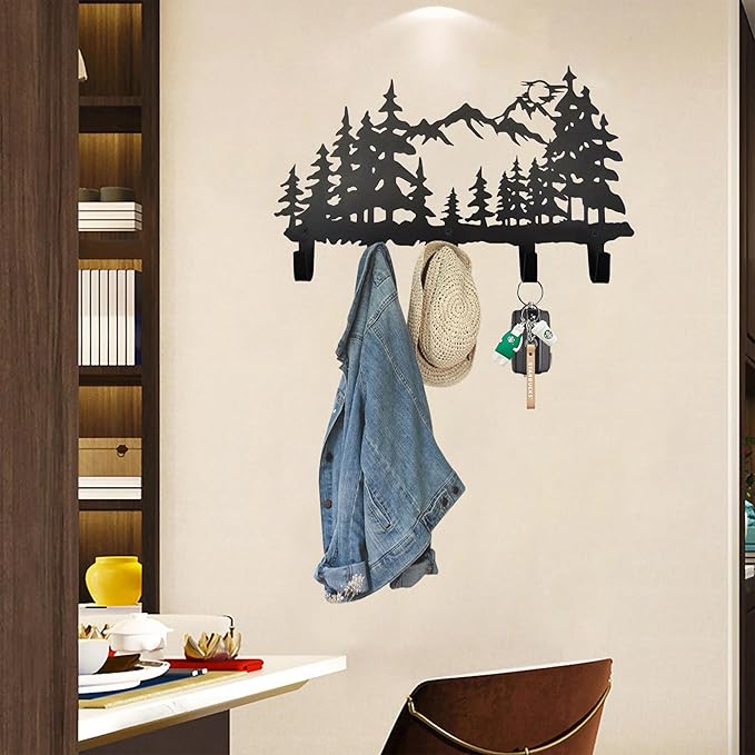 Metal Tree Coat Hooks Wall Art Decor-Tree Hangers and Key Holder-Clothes Rack and Backpack Hanger-Forest Theme Hooks Sweet Home Decor for Storage, Living Room, Hallway, Office (Black)