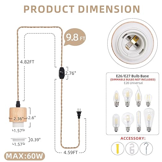 Arturesthome 9.8FT- Pendant Light Cord Kit with Dimmable Switch Vintage Lamp Twisted Nylon Cord E26 E27 Lights Socket for Farmhouse Lamp Cable DIY
