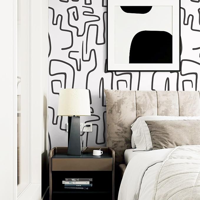 Ismoon 17.3"X393" Unique Black and White Peel and Stick Wallpaper Scribbles Wallpaper Modern Abstract Contact Paper Removable Self-Adhesive Wall Paper for Home Decoration Vinyl Film Roll