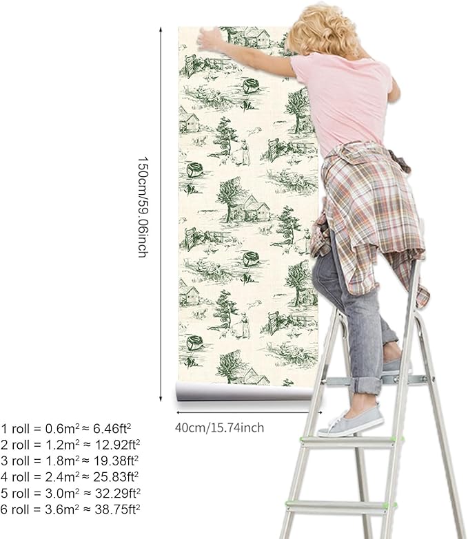 QUCHENG Toile de Jouy Wallpaper Chinoiserie Style Wall Sticker Monochrome Landscape Dresser Decal Removabal Self Adhesive Decor Peel and Stick Furniture Stickers Vintage Bedroom Livingroom Decoration