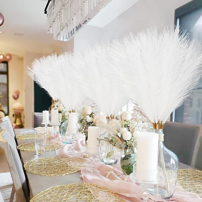50pcs White Faux Pampas Grass Decor, 21.6" Short Artificial Pompous Grass Floral Fake Pompas Grass Branches Vase Filler Flower Arrangement for Home Wedding Boho Decor