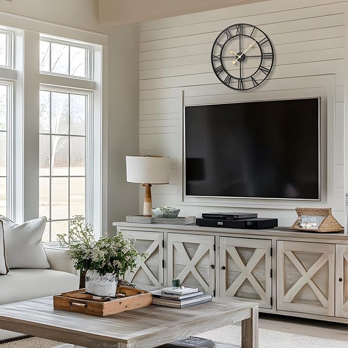 Vantic 24 Inch Large Wall Clock, Roman Numeral Metal Oversized Wall Clocks for Living Room Decor, Bedroom and Kitchen, Completely Silent, Non Ticking, Battery Operated