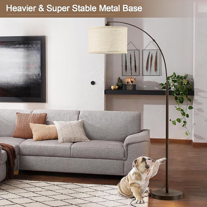 Luvkczc 71" Arc Floor Lamp for Living Room with Adjustable Lamp Head, Black Pole Lamp with White Shade, Standing Lamp with Foot Switch, Over Couch Arched Reading Light for Bedroom, Office, Study Room