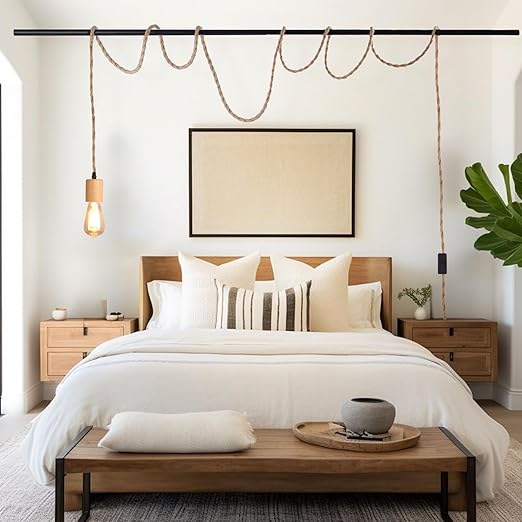 Arturesthome Wood Pendant Light Cord Kit with Switch, 23FT Vintage Industrial Hanging Light Plug in Lamp Cord with Twisted Nylon Rope Lights Socket E26 E27 for Farmhouse Lamp Cable Retro DIY