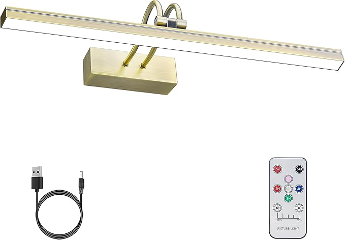 FUNCHDAY Picture Light, Wireless Rechargeable Gallery Lights with Remote, 280LM 48 LED Dimmable Painting Lighting, 16in Battery Operated Art Lights for Paintings,Wall Artwork (Antique Brass)