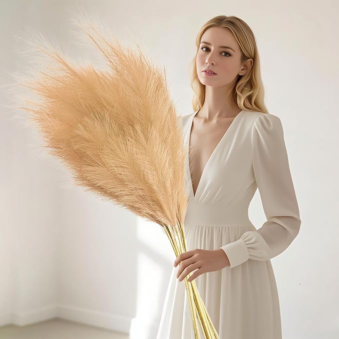 8 Pcs Khaki Tall Faux Pampas Grass Decor, 45 Inches Artificial Pampas Grass Bulk, Large Faux Pompas Dried Decor for Floor Vase Filler, Home Boho, Wedding Anniversaries, Baby Shower Decoration