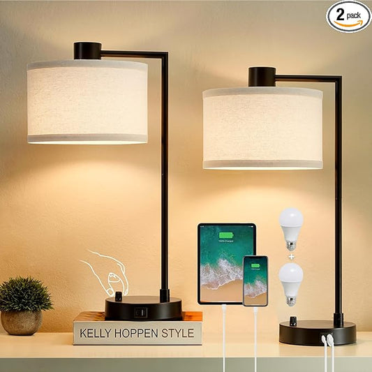 Luvkczc Table Lamp for Bedroom Set of 2 with USB C+A Ports, Fully Stepless Dimmable Bedside Lamp with Linen Lampshade, Contemporary Lamp for Living Room Reading Office, 2 LED Bulbs Included (Black)