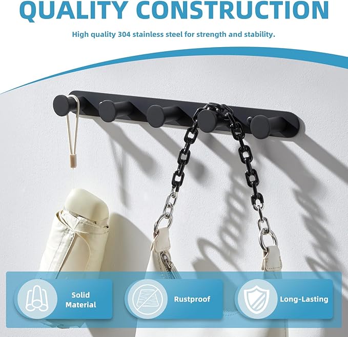 Angle Simple Towel Hook Rack Matte Black, SUS304 Stainless Steel Bathroom Hook Rail 5 Hooks, Utility Kitchen Towel Holder, Wall Mount