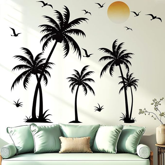 Boho Palm Tree Wall Decals Peel and Stick, Large Sunset Tropical Plants Wall Stickers, Removable Seagull Birds Home Decor Art for Bedroom Living Room Classroom Office, Black