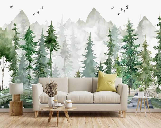 -Green Cartoon Pine Forest Nursery Fabric Wallpaper for Boys and Girls Children's Bedroom Living Room Woodland Plants Large Wall Mural- 91"x65"（ not Peel and Stick）