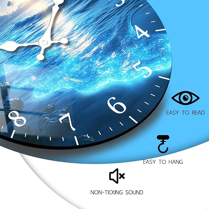 Extra Large Coastal Wall-Clock 20 Inch Blue Beach Wall Clock Round Wooden Silent Clocks for Living Room, Kitchen, Office Wall Decor Battery Operated