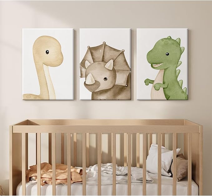 Dinosaur Wall Art Kids Boys Room Canvas Wall Decor Dino Nursery Wall Art Pictures Baby Dinosaur Poster Prints for Boys Bedroom Bathroom 12x16 Inch Framed Set of 3