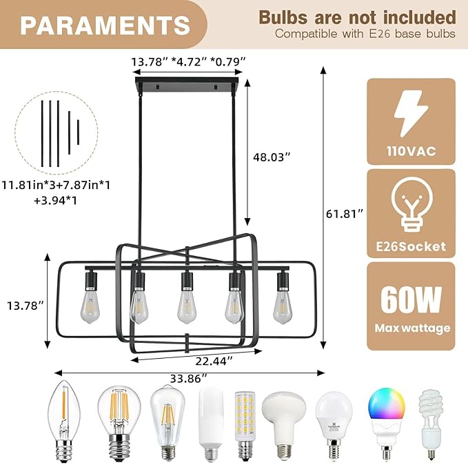 Dining Room Light Fixture/Chandelier Over Table,5-Light Kitchen Island Lighting Hanging for Farmhouse Linear Chandeliers Matte Black Rectangle Rustic Ceiling Pendant Light Fixtures, Height Adjustable
