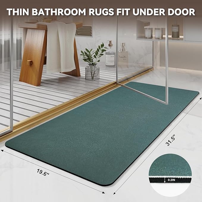 Large Bath Mat Super Absorbent Quick Dry Diatomaceous Earth Bath mat Diatomite Stone Bath Mats for Bathroom Non Slip Shower Mat Bathtub Mat, Thin Bathroom Rugs Fit Under Door, Green, 19.6"x31.5"