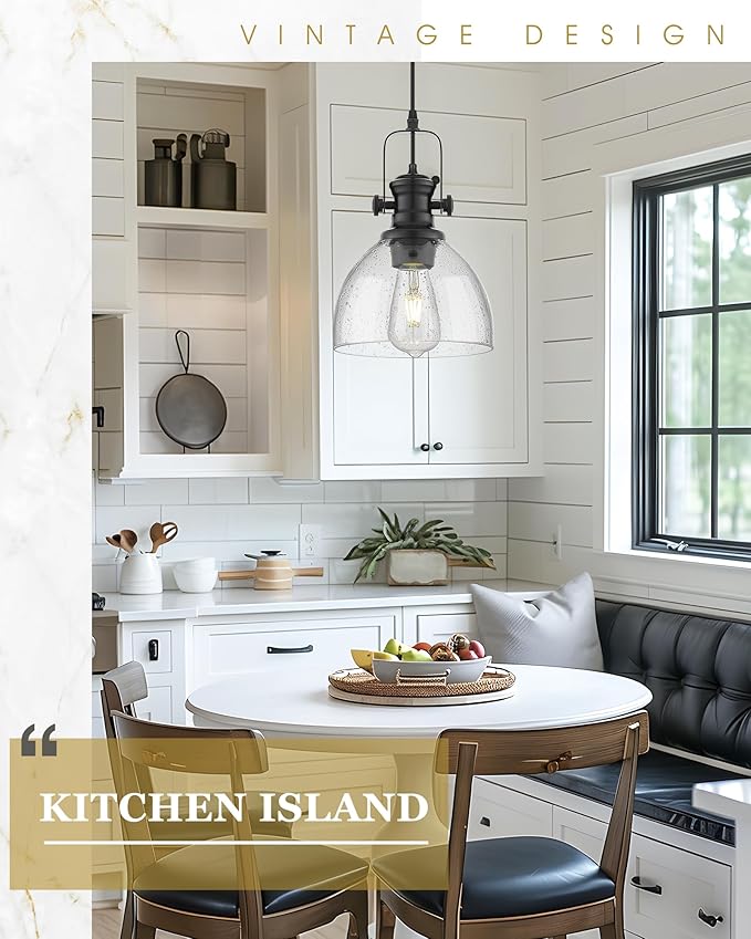 2 Pack Pendant Lights Kitchen Island, 7.5" Black Pendant Lighting with Clear Seeded Glass Shade, Farmhouse Hanging Light Fixtures for Dining Room, AD-22151-1P2-BK