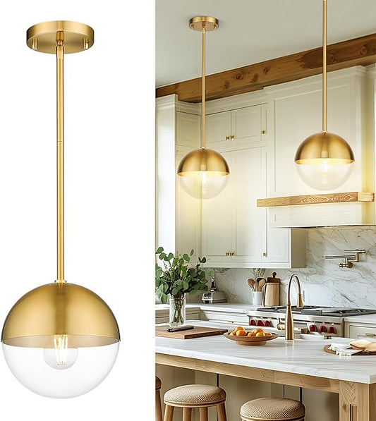 LMS Mid Century Pendant Light Fixtures, Brushed Gold Farmhouse Pendant Light with Clear Globe Glass Shade, Adjustable Hanging Rod Ceiling Light for Dining Room Bathroom Kitchen Island, LMS-186BGC