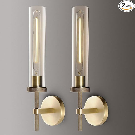 Brass Wall Sconces Set of Two, 19" Knurled Gold Sconces Wall Lighting, Tube Glass Bathroom Sconces Wall Lights for Bedroom Living Room Vanity Sconce Wall Lamp for Hallway, Staircase
