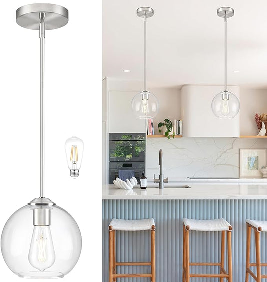 7 Inch Nickel Modern Pendant Lights Kitchen Island Mid Century Modern Pendant Light Fixtures with Clear Glass Globe Modern Hanging Pendant Light for Bathroom Bedroom （Bulb Incl）