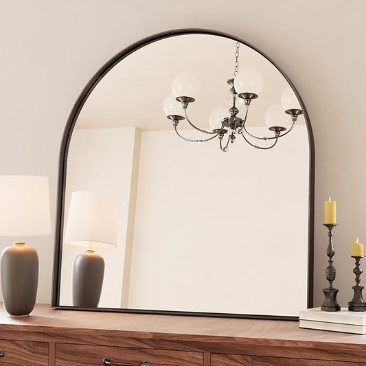 TETOTE Black Arched Mirror for Bathroom, 30 x 33 Matte Black Metal Framed Arch Mirror, Tempered Glass Wall Mounted Decorative Mirror for Eclectic Home Decor