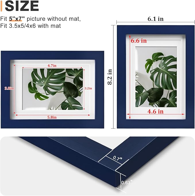 Egofine 5x7 Picture Frame 4PCS Made of Solid Wood, Display Picture 3.5x5/4x6 with Mat or 5x7 Covered by Plexiglass for Table Top Display and Wall Mounting Photo Frame, Navy Blue