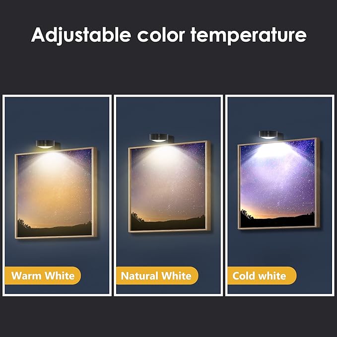 3-Pack Picture Light Battery Operated, Magnetic Led Lights with Remote, Dimmable and Timer Painting Light, Art Display Light for Picture Frame Artworking Portrait, Home Wall Decor Puck Lights, Black