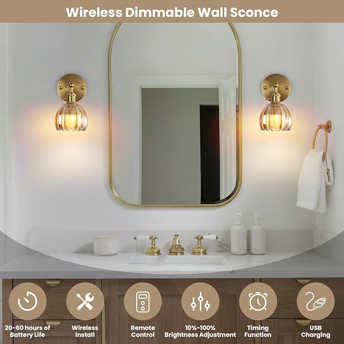 Battery Operated Wall Sconce Set of 2 with Amber Floral Glass Shade Vintage Wireless Wall Light with Remote Control for, Living Room, Bedroom, Dressing Table and Bathroom Timer/Memory Function/Dimmer