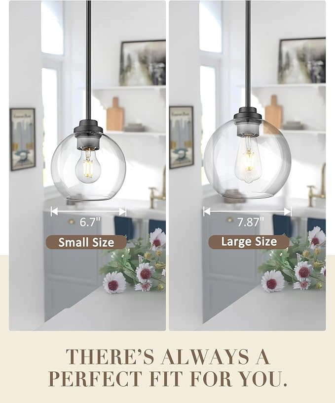 Matte Black Pendant Light, Mid Century Globe Haning Light Fixture Ceiling with Clear Glass for Kitchen Island Dining Room Bedroom Hallway Foyer (2 Pack), PL101BK-2PK