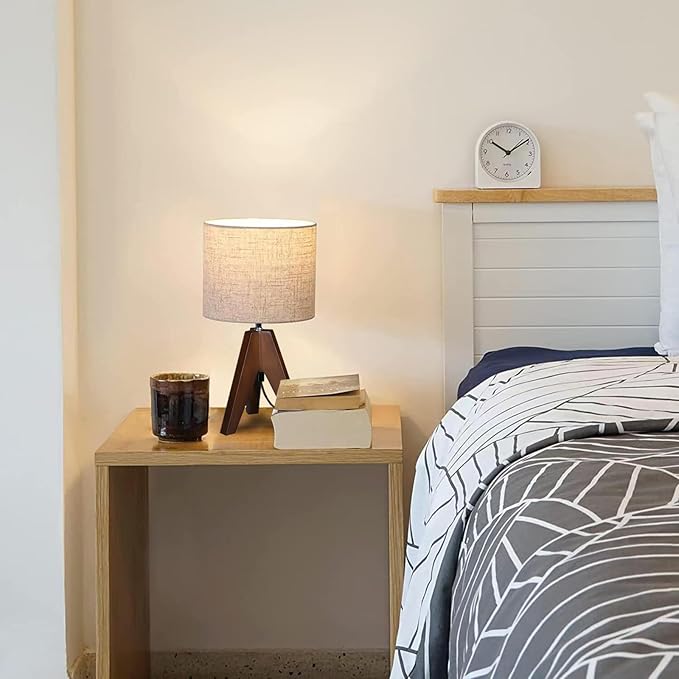 Tripod Table Lamp, Wooden Desk Lamp with Linen Beige Lampshade, 14.37 in Small Bedside Lamps, Brown Wooden E26 Base Lamps for Night Stands, Home, Office, Living Room, Dorm(Bohemian)