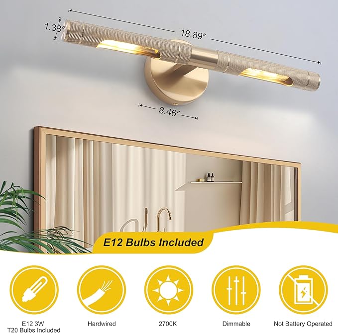 Brushed Brass Picture Lights for Wall,19 Inch Hardwired Knurled Gallery Light, Rotatable 360° Modern Gold Wall Lights for Pictures Bathroom Living Room Bedroom, E12 Bulbs Included(1 Pack)