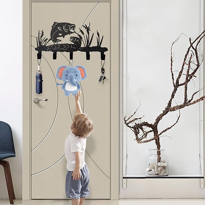 Metal Fish Coat Hooks Wall Art Decor-Fish Hangers and Key Holder-Clothes Rack and Backpack Hanger-Animal Theme Hooks Sweet Home Decor for Storage, Living Room, Hallway, Office (Black)