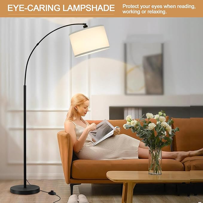 Luvkczc 71" Arc Floor Lamp for Living Room with Adjustable Lamp Head, Black Pole Lamp with White Shade, Standing Lamp with Foot Switch, Over Couch Arched Reading Light for Bedroom, Office, Study Room