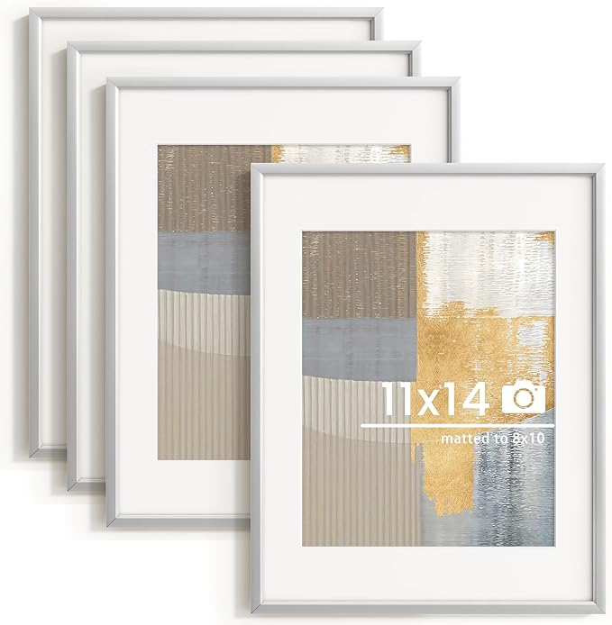 11x14 inch Metal Picture Frame - 11 x 14 Thin Aluminum Photo Frames with 8x10 Removable Mat - High Definition Plexiglass - Vertical and Horizontal Display - Wall Hook Hanging Hardware Included - Silver, Set of 4
