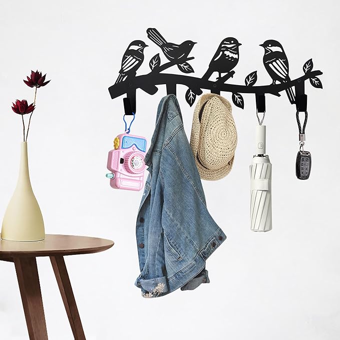 Metal Bird Coat Hooks Wall Art Decor-Bird Hangers and Key Holder-Animal Theme Hooks Sweet Home Decor for Storage, Living Room, Hallway, Office (Black)