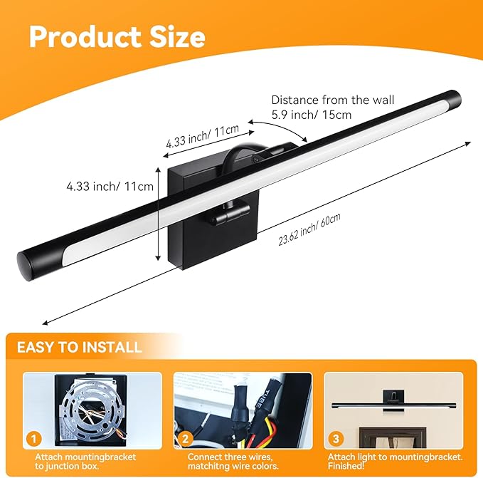 JO.KO 23.6 Inch LED Picture Lights for Wall Hardwired, Poster Art Gallery Light 10-100% Dimmable, 3000k Warm White Black Wall Sconces 14W CRI90 for Gallery Artwork, Paintings and Bathroom