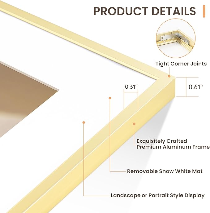 Aluminum 16x16 Picture Frame Golden, Metal Photo Frames with Mat for 12x12 Photo or Without Mat for 16x16 Photo, Metal Poster Frame Sawtooth Hanger for Easy Wall Display, set of 1