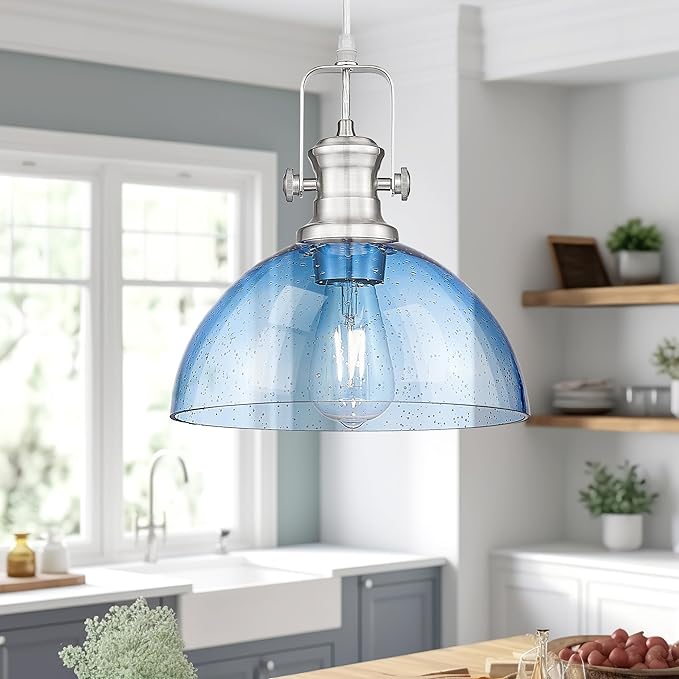 Pendant Lights Kitchen Island, 10.5" Farmhouse Pendant Lighting with Blue Seeded Glass Shade, Vintage Hanging Light Fixtures for Dining Room, Brushed Nickel, AD-22151-1PL-SN-BL