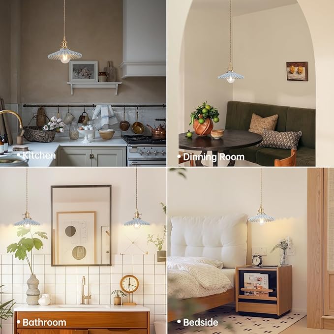 Pendant Light with Blue Pleated Ceramic Lmapshade, Brass Vintage Pendant Light Adjustable Hanging Light for Kitchen Island Dining Room Hallway