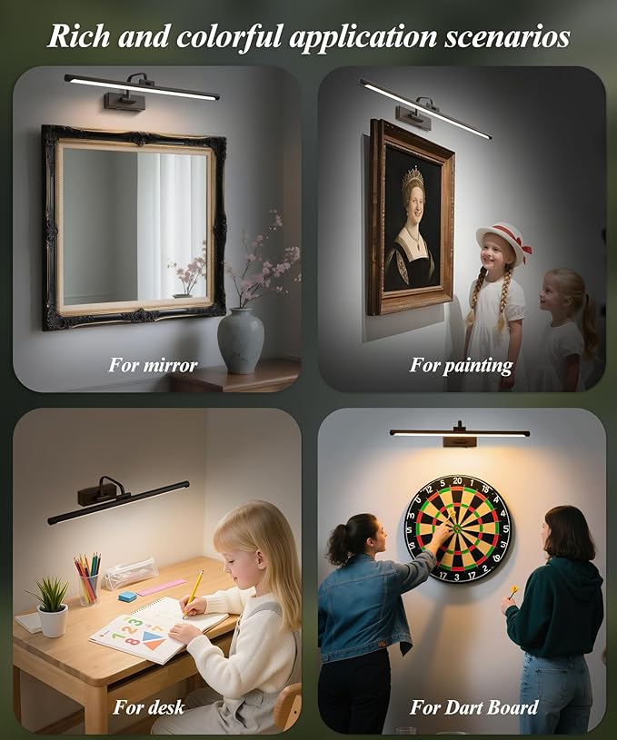 Picture Lights for Wall Battery Operated, Rechargeable Light for Pictures with Remote & Timer, Black Art Light for Paintings 24 Inch Wireless Dimmable Cordless Gallery Lights with 3 Color Temperatures