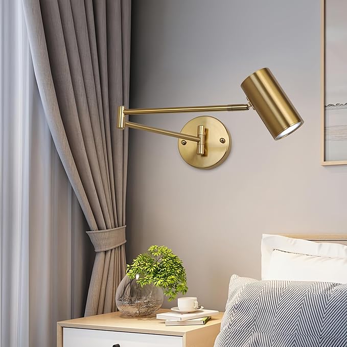 Indoor Wall Light Adjustable Swing Arm 5W LED Metal Wall Lamp 3000K Warm White Retro Vintage Industrial Wall Sconce, for Living Room Bedroom Hallway Corridor Stairs Hall, Gold