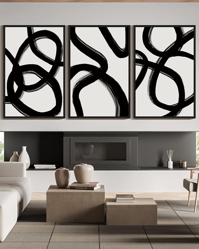 KUVIOKE Black and Wahite Abstract Framed Wall Art Ink Wash Minimalist Lines Painting Artwork for Bedroom Hallway 24x36in (Black Framed)