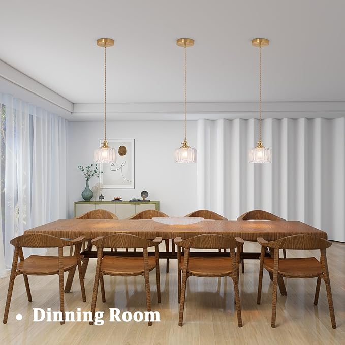 Pendant Light with Clear Striped Glass Lmapshade, Brass Vintage Pendant Light Adjustable Hanging Light for Kitchen Island Dining Room Hallway