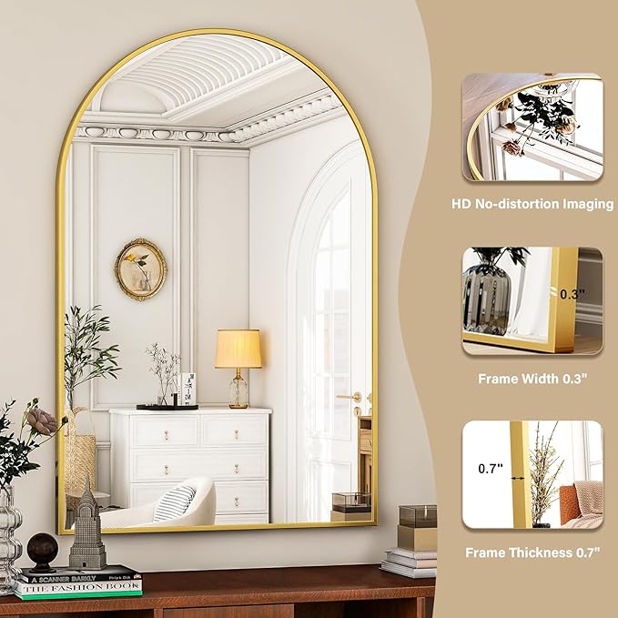 HARRITPURE Arched Wall Mirror – 30"x40" Arch Bathroom Mirror Metal Frame Vanity Mirror for Bedroom, Entryway Dresser Decor, Gold