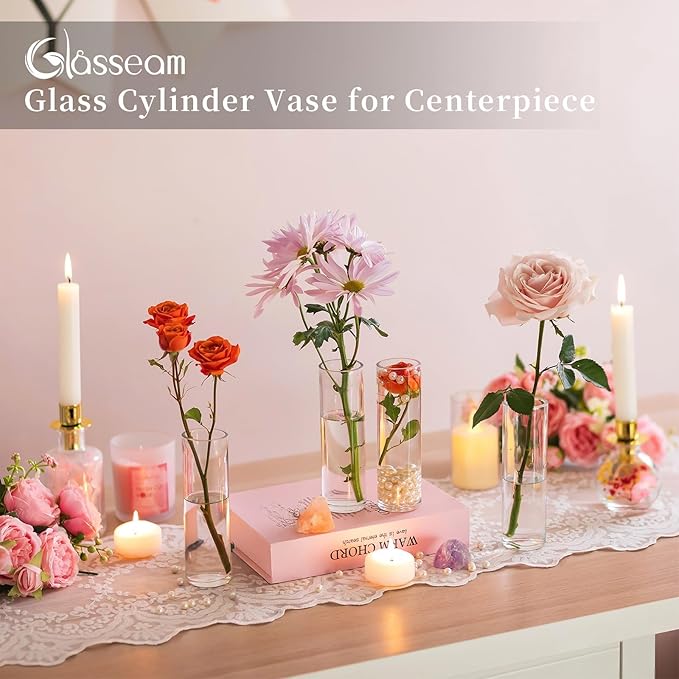Small Cylinder Glass Vases for Centerpieces: Glasseam Clear Vase Set of 12 Modern Centerpiece Vases for Table Wedding Home Party Decor 5.9In Bud Vase for Flowers Single Stem Roses Tulips