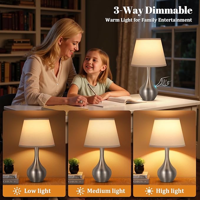 Seealle Touch Table Lamp for Bedroom, 3-Way Dimmable Small Bedside Lamps for Night Stands with Wires, Silver Desk Lamp for Kids Room, Office, Living Room, End Table(LED Bulb Included)