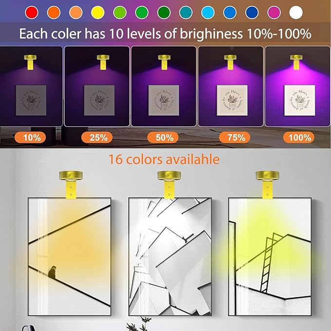 3Pcs Picture Painting Light Battery Operated with Remote Control, 16 RGB Color Magnetic Led Art Spotlight for Picture Frame Display Party Home Wall Decor Puck Light,Gold