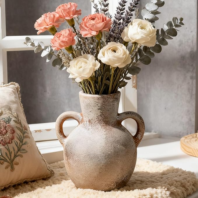 Rustic Ceramic Farmhouse Flower Vase with 2 Handles, Whitewashed Terra Cotta Vase, Decorative Pottery Flower for Home Decor, Table, Living Room, Shelf Decor, 7.3 Inch, Terra