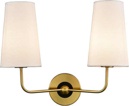 DAYCENT Modern Gold Wall Sconce with Fabric Shade 2-Light Armed Sconces Wall Lighting Double Brass Sconce for Bathroom Vanity Bedroom Hallway Living Room Stairway